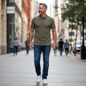 HYLETE Mens Performance Micro Stripe Polo Shirt Olive Green Athletic Fit Size M